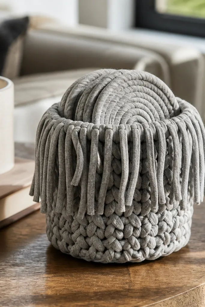 Round holder made from chunky t-shirt yarn with short fringe