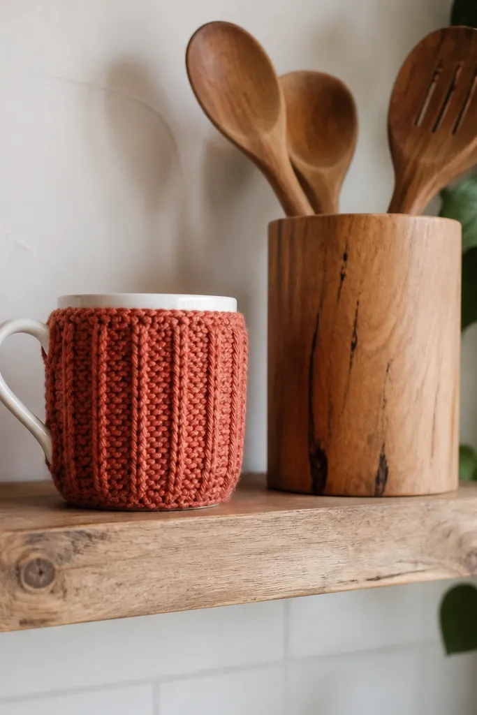 Coffee mug cozy with vertical ribbing in warm neutral yarn