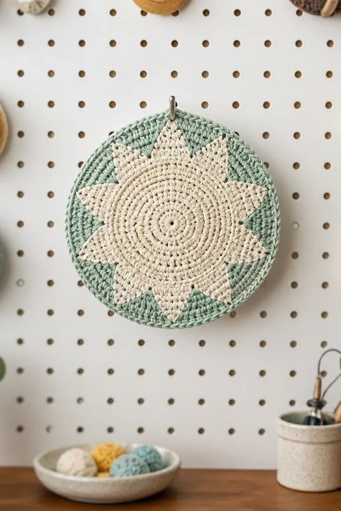 Round crochet coaster with a geometric border pattern