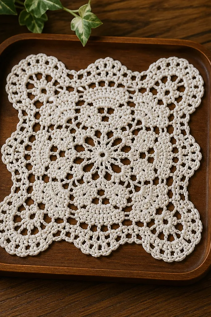 Small square lace crochet doily with scalloped corners