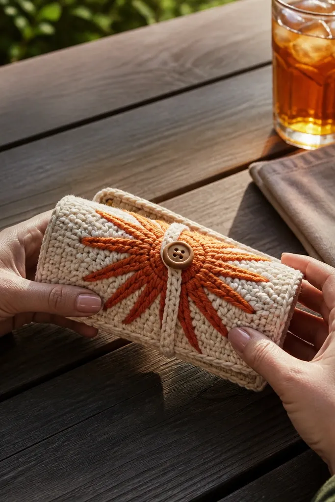 Crochet roll-up coaster holder with sunburst texture and a button strap