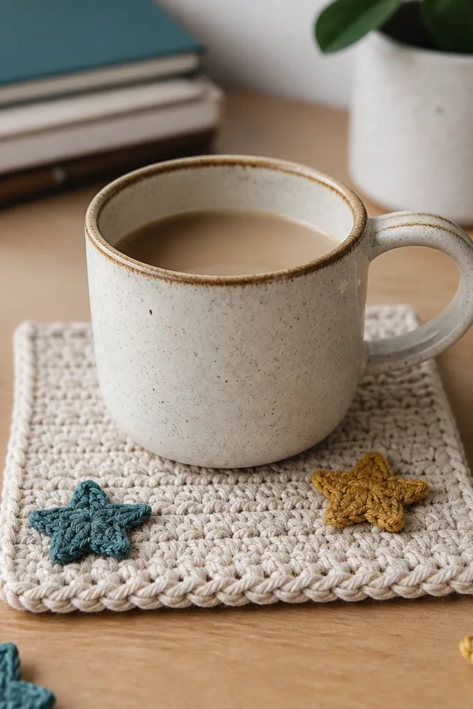 Square mug mat with mini star appliques stitched on top