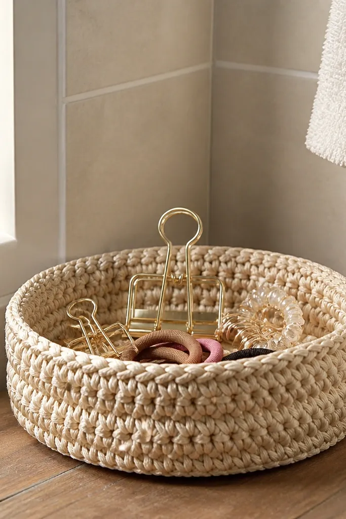 Small braided crochet rope basket with flat base and tidy rim