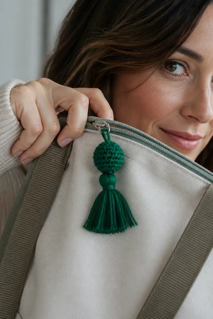 Crochet zipper pull cover with a small tassel in matching color