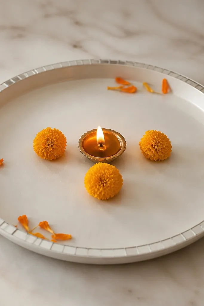 A round diya plate with a thin ring of silver mirror tape along the outer rim. In the middle, three tiny yellow-orange marigold dots sit around one diya, with a few scattered petals near the edge.