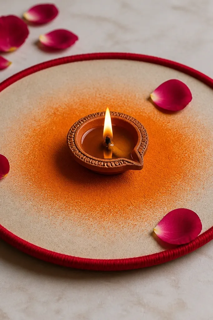 A flat diya plate with a thin border made from red velvet thread (or red yarn). Around the diya, there's a light halo of saffron-orange powder and a few rose petals at the edge.