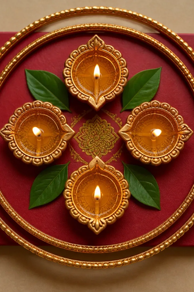 A square or round base plate where four diyas sit in a neat cross layout. Two metal bangles frame the outer edge like a picture frame, and a few green leaves sit between bangles and diyas.