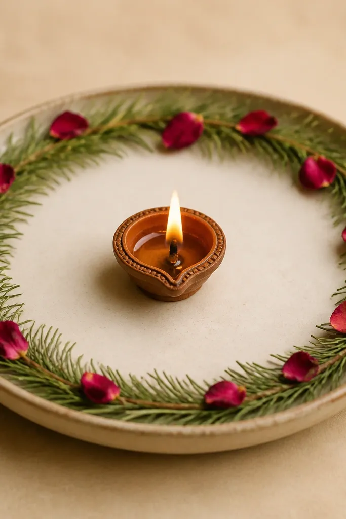 A diya plate with a delicate ring of green pine needles around the outer rim, with small rose petals scattered between the needles. One diya sits centered, flame glowing.
