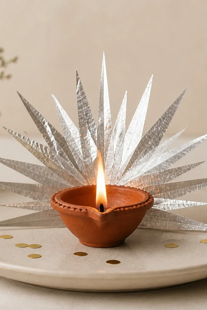 A single diya centered on a plate. Behind the diya, a silver foil starburst shape spreads out like rays, with a few gold paper confetti dots around the base.