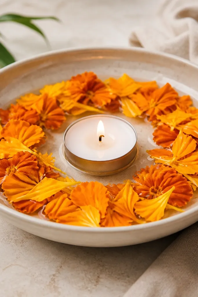 A shallow plate with a tea-light cup at center. A ring of floating marigold petals sits around it, with a few petals slightly overlapping like a wreath.