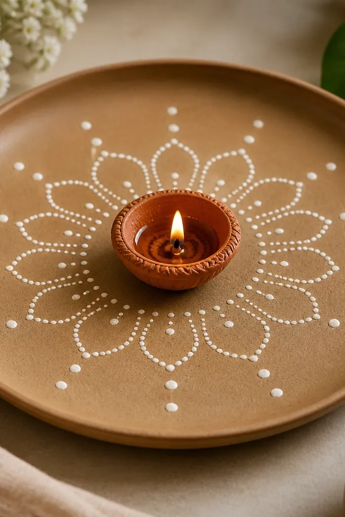 A plate with neat white rangoli dot pattern around the diya, like a simple kolam. The diya sits centered, and there are tiny dots leading outward in a symmetrical curve.