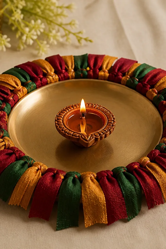 A plate surrounded by short tied fabric strips in alternating colors like maroon, gold, and green. The diya sits in the center, and the fabric strips hang slightly over the rim.