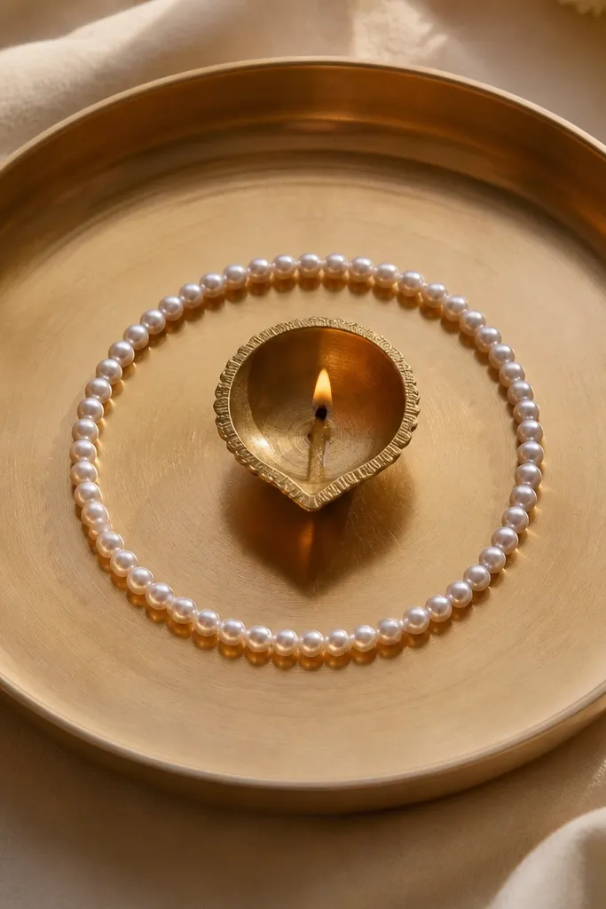 A diya plate with a perfect ring of small white pearl beads around the diya. The beads form a smooth circle, and the rest of the plate is mostly bare.