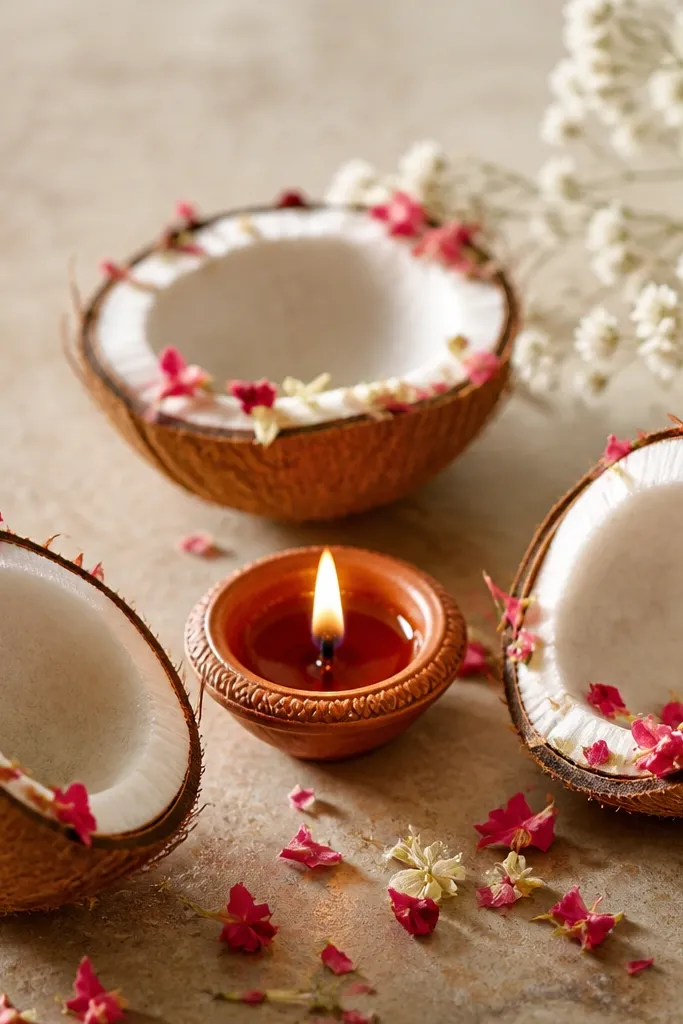 Two or three half coconut shells arranged around a central diya. The shells have a natural brown texture, with tiny flower petals sprinkled at the shell edges.