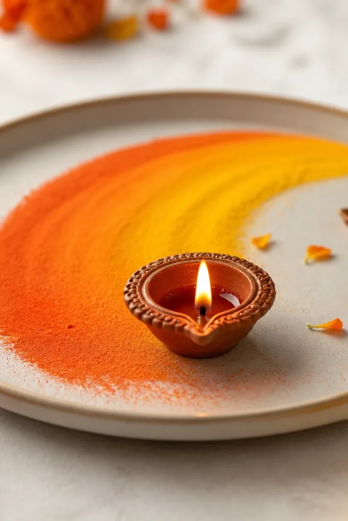 A plate with a sweeping arc of orange and yellow rangoli powder behind the diya, like a soft brush stroke. The diya sits in front, and a few tiny diyas or petals add accents.