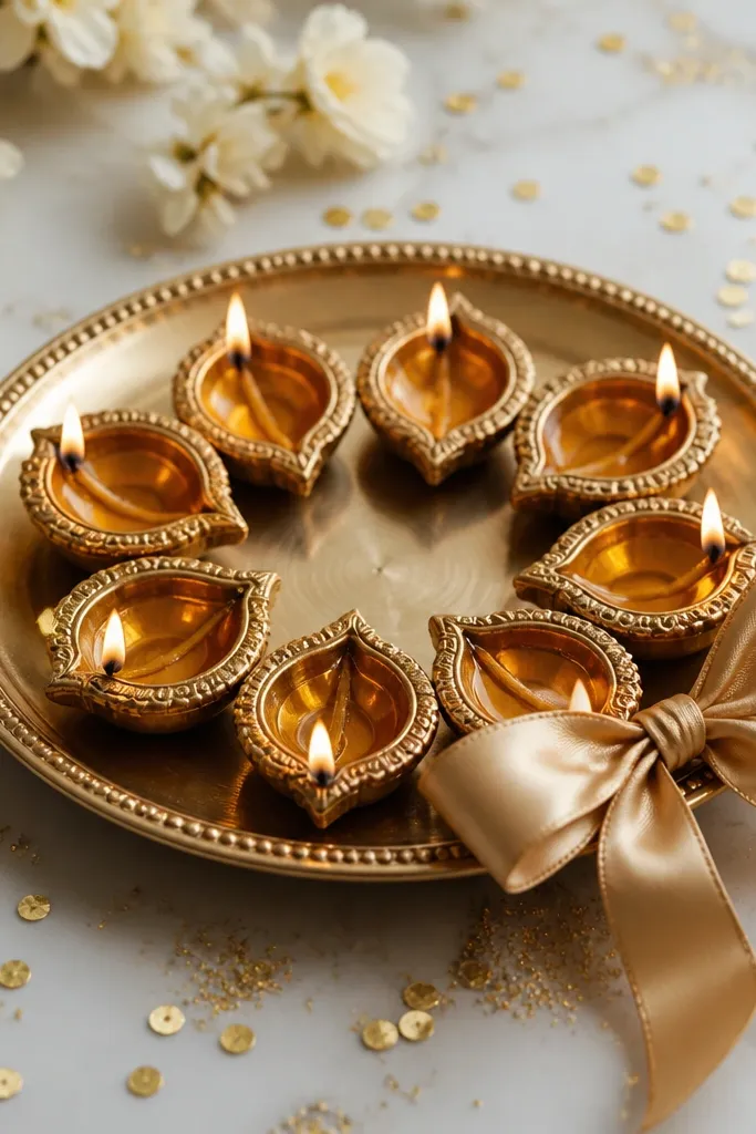 A diya plate with a satin ribbon bow tied on the rim. Small gold confetti dots are sprinkled lightly around the diya and near the bow.