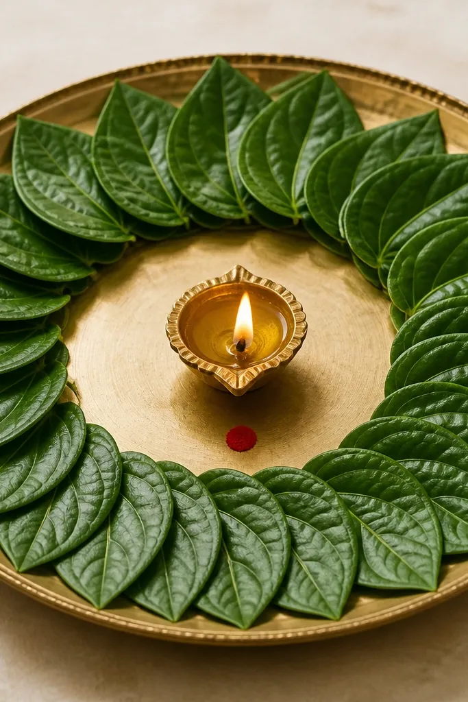 A plate with a fan-like border made from betel leaves around the outer rim. In the center, a single kumkum red dot sits near the diya flame.