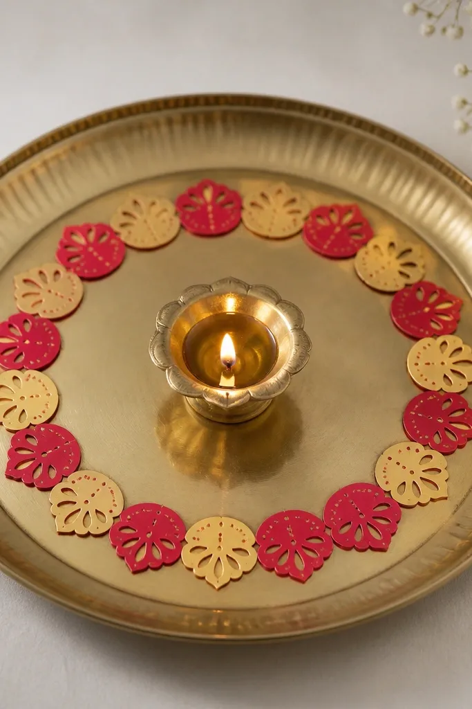 A diya plate with a ring made from small red-and-gold paper cut shapes, like a tiny garland. The diya sits in the center, and the paper ring is evenly spaced.