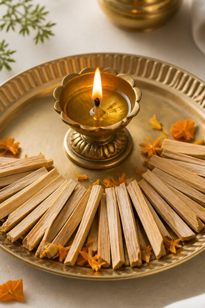 A plate with thin slivers of chandan sticks arranged like a semi-circle around the diya. The slivers are pale cream-brown, and a few marigold petals sit between them.
