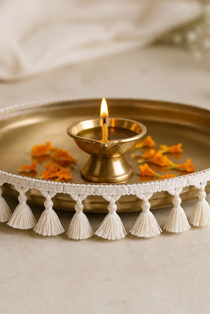 A white kora cotton tassel border around the rim of a diya plate. The tassels hang lightly, and the center has a single diya with a few orange marigold petals.