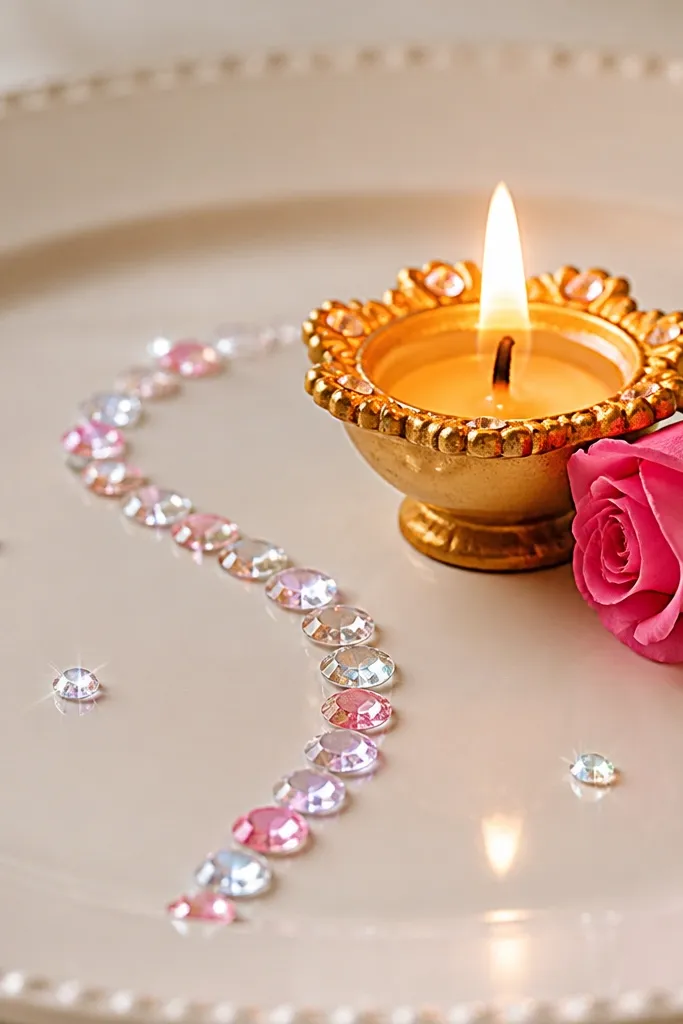 A plate with a curved path of small rhinestone stickers leading toward a central diya. One pink rose bud sits beside the diya, and a few rhinestones sparkle around the path.