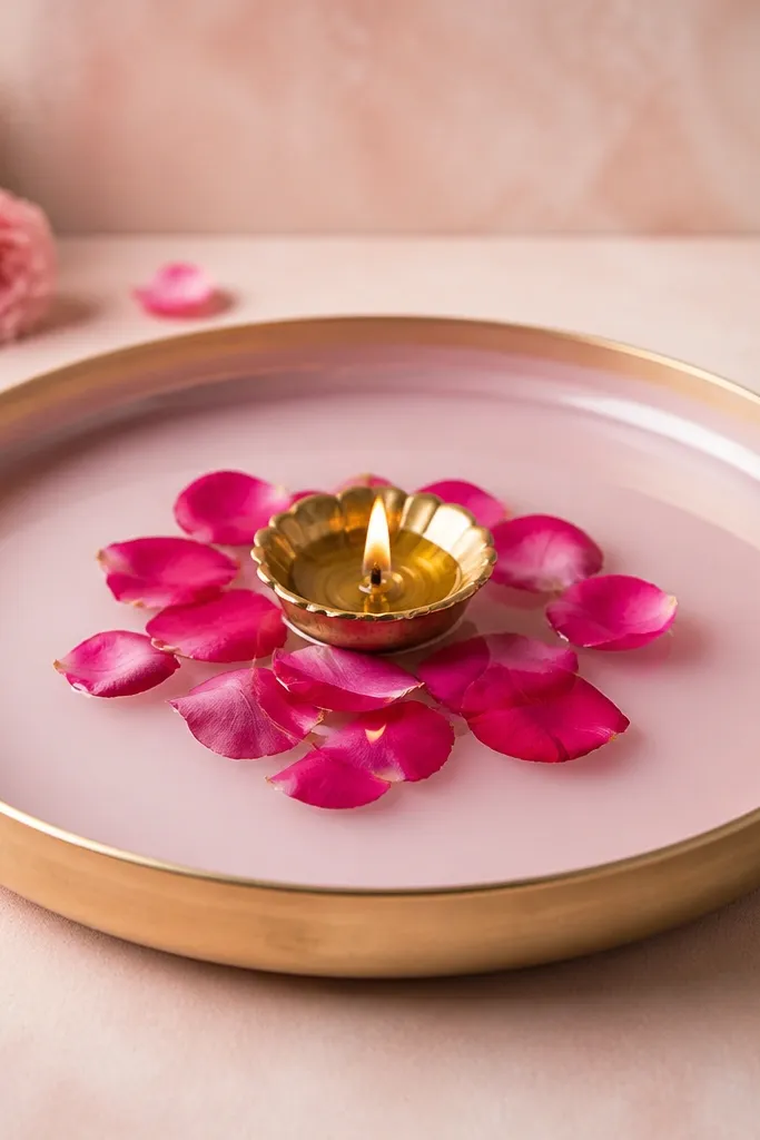 A diya plate with a very light pink rose-water tint on the surface and a small cluster of floating rose petals around a central diya. The background looks softly tinted, not wet.