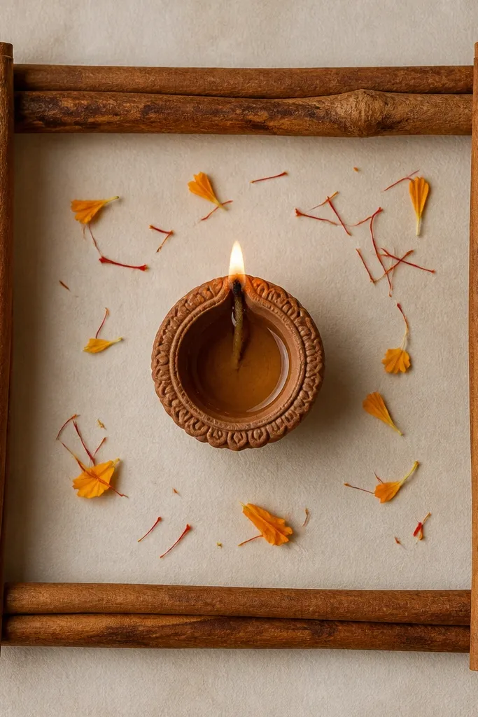 A square frame made from cinnamon sticks around the diya plate. Inside the frame, a single diya sits centered with a few scattered saffron threads and marigold petals.