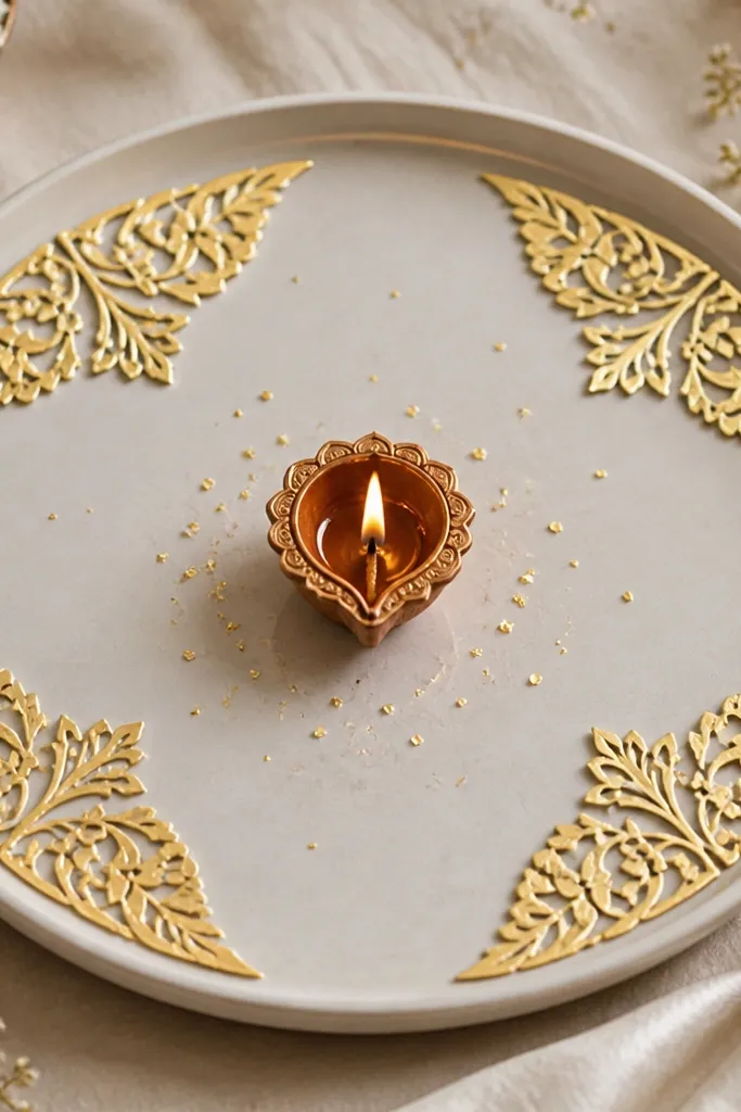A plate with gold leaf paper cut into four corner shapes around the diya. The center has one diya and a small scatter of tiny golden flakes.
