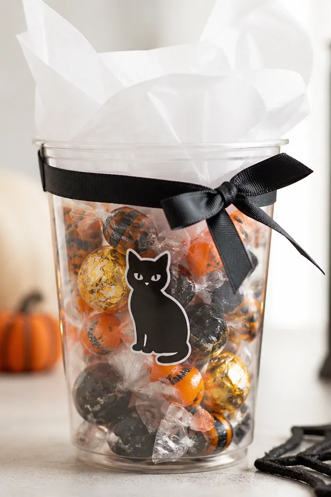 A clear plastic cup wrapped with a black ribbon, a small black cat sticker on the front, filled with individually wrapped Halloween candies, and a white tissue paper curl peeking above the rim.