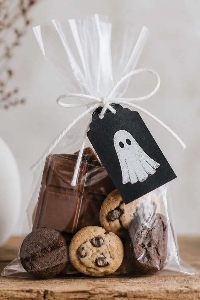 A small clear cellophane bag tied with white twine, with a white ghost stamp on a black label tag, and a mix of chocolate bars and mini cookies visible through the plastic.