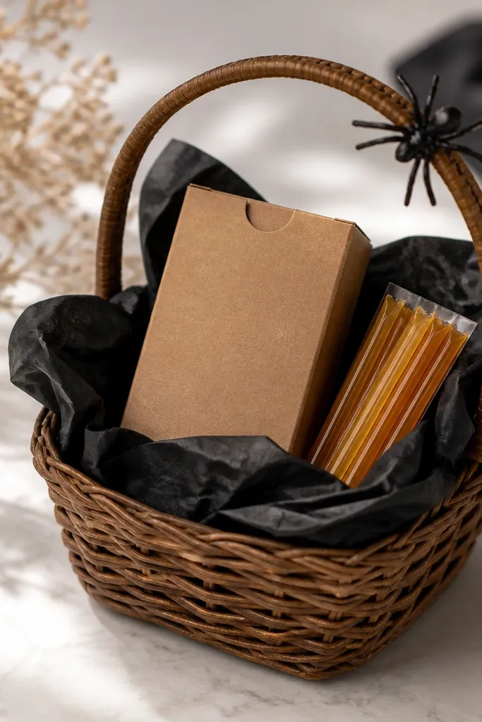 A mini woven basket lined with black tissue paper, holding a single tea sachet box, a small packet of honey sticks, and a tiny plastic spider clipped to the handle.