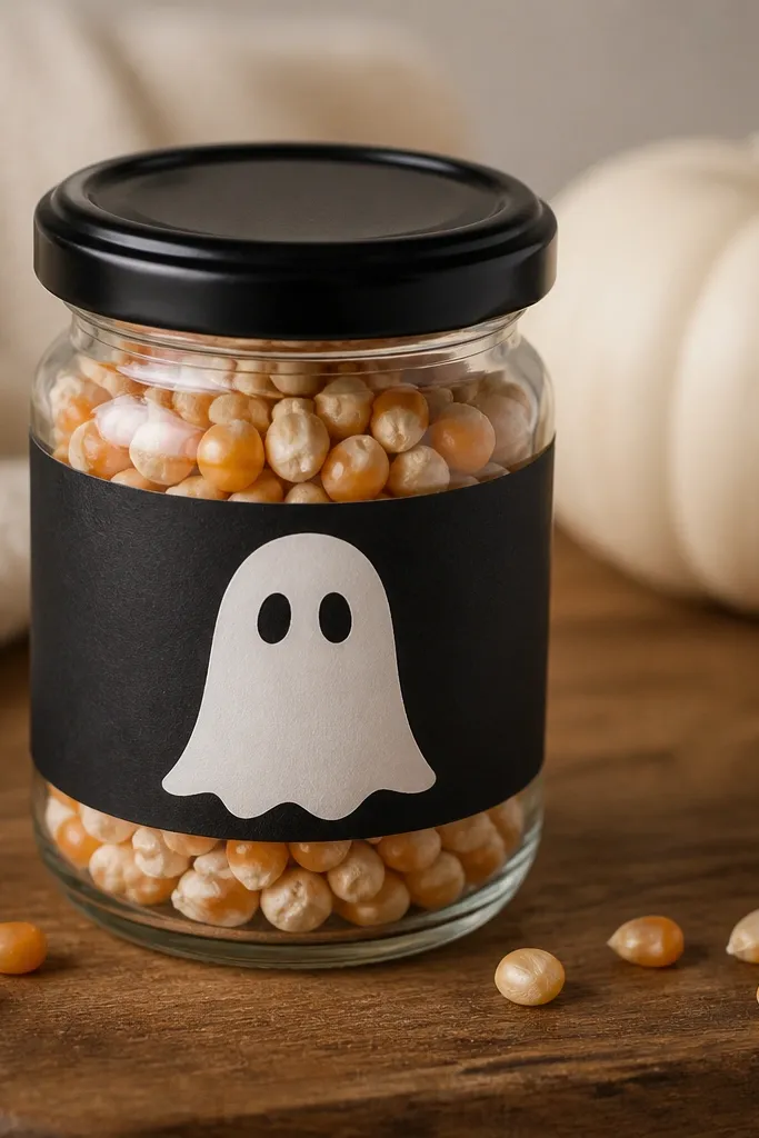 A small clear glass jar with a black lid, filled with orange and white popcorn kernels, wrapped with a strip of black paper and a printed ghost label.
