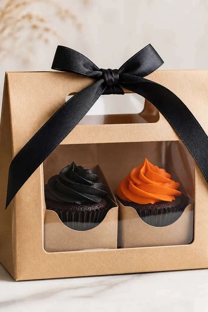 A kraft paper mini carry bag with a clear window panel, holding two boxed cupcakes with black and orange frosting tops, tied with a black ribbon.