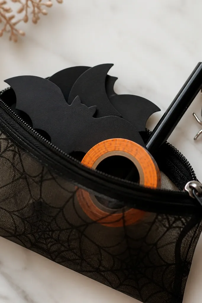 A small zip pouch with a black zipper pull, filled with mini sticky notes shaped like bats, a pen with a silver spider charm, and a small roll of orange washi tape.