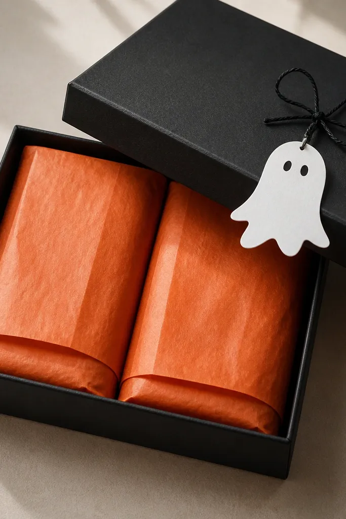 Two chocolate bars wrapped in orange tissue paper inside a black gift box, with a small white ghost tag tied to the lid.