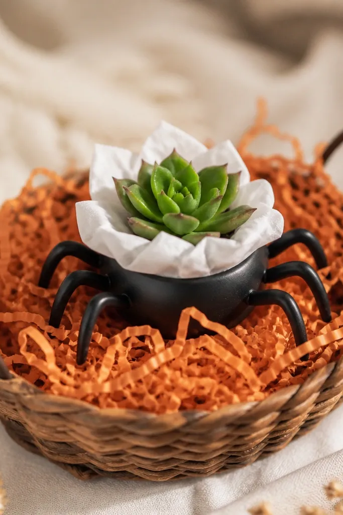 A tiny black plastic planter with fake spider legs, filled with a small succulent wrapped in a white tissue circle, sitting inside a mini basket with orange shredded paper.