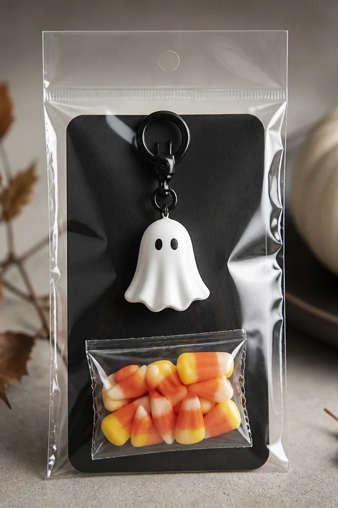 A small clear bag with a black card backing, holding a ghost keychain charm clipped to the card and a mini bag of candy corn visible through the front.