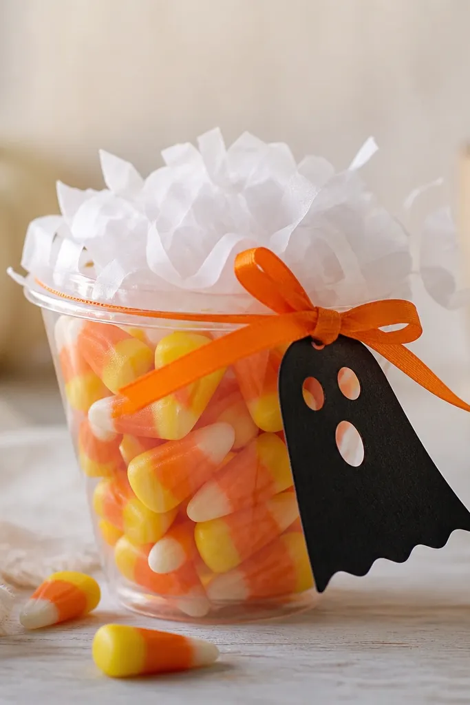 A small clear cup filled with candy corn, topped with white tissue confetti and a black 'BOO' tag attached by orange ribbon.