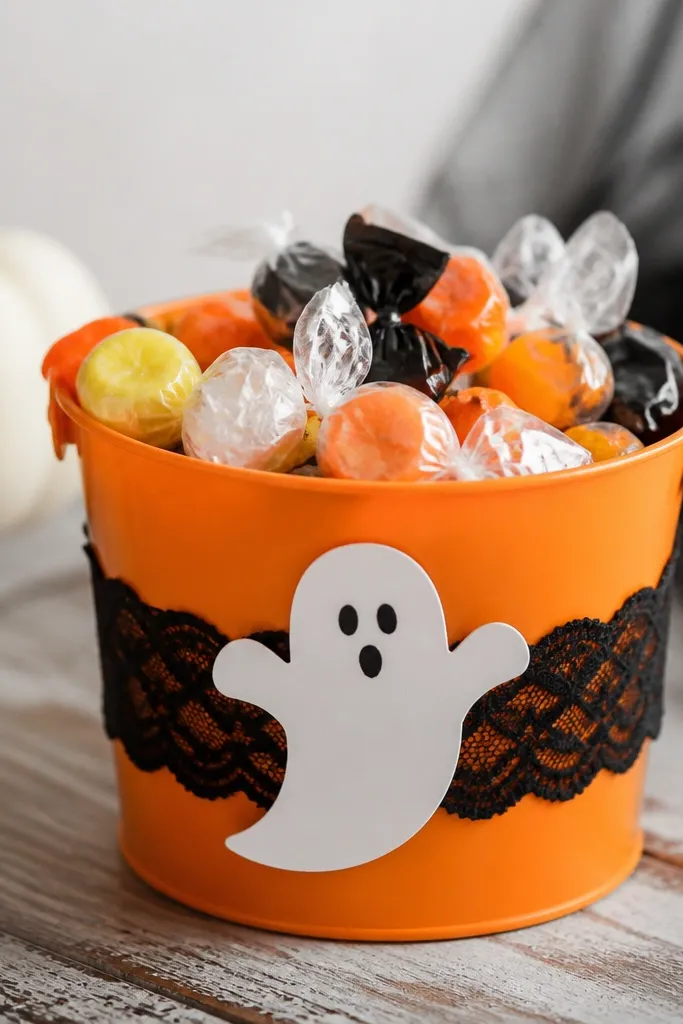 A small orange plastic tub filled with wrapped candies, wrapped with a black lace ribbon band around the middle and a white ghost sticker on the front.