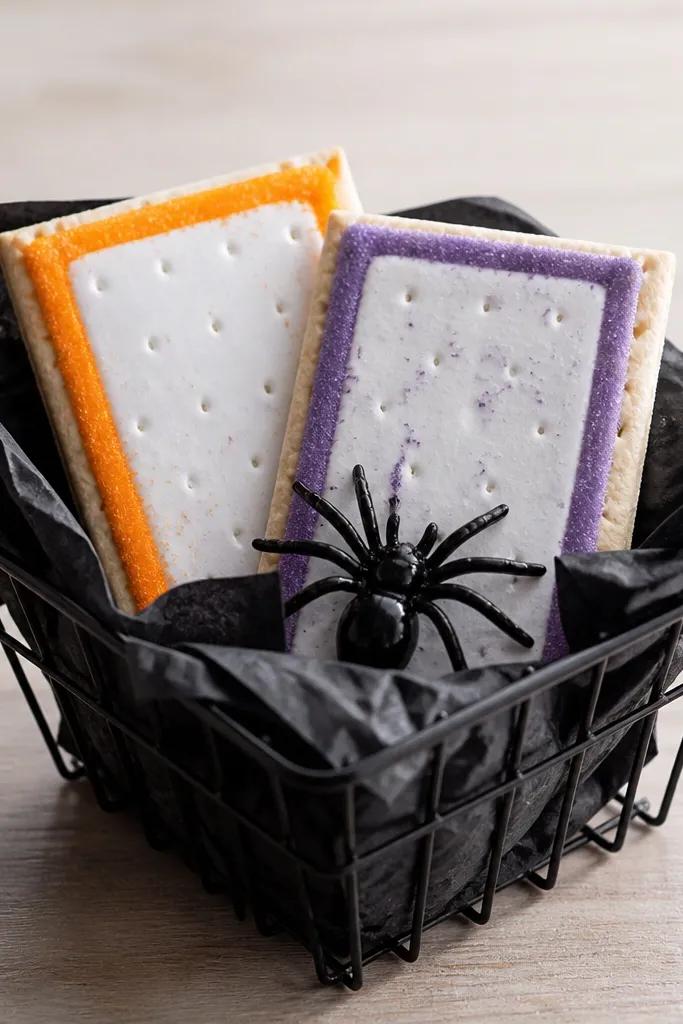 A small wire mini basket lined with black tissue, holding two Pop-Tarts boxes with orange and purple accents, and a tiny plastic spider on top.