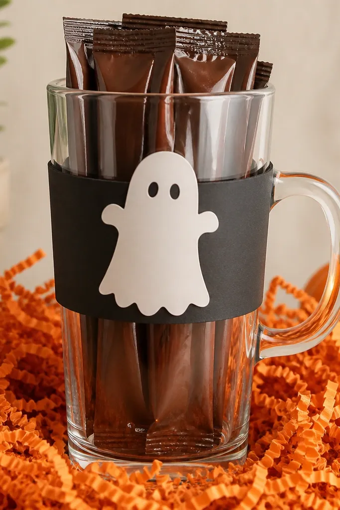 A tall clear mug filled with hot chocolate packets, wrapped with a black paper band and a printed ghost label, sitting in a bed of orange shredded paper.