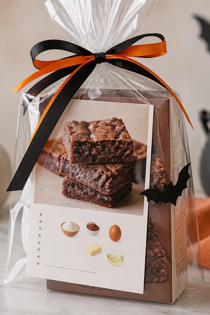 A clear bag with a printed recipe card, holding a boxed brownie mix, with black and orange ribbon tied at the top and a small bat sticker on the side.