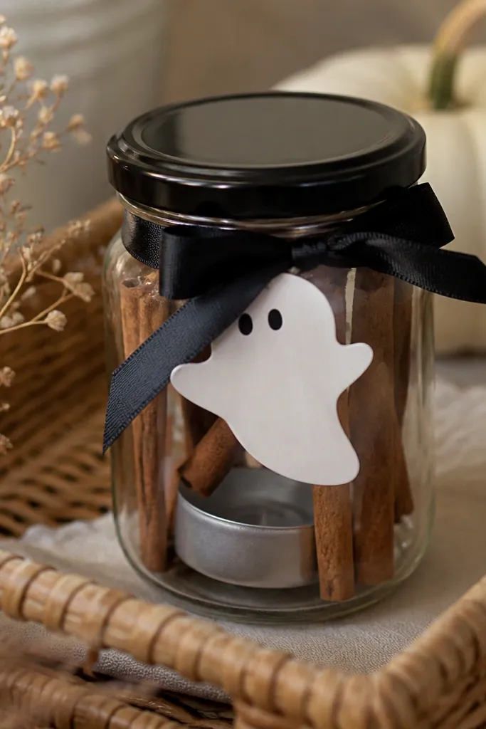 A small jar with a black lid containing cinnamon sticks and a mini tea light holder, wrapped with a black ribbon and a white ghost label, placed in a shallow basket.