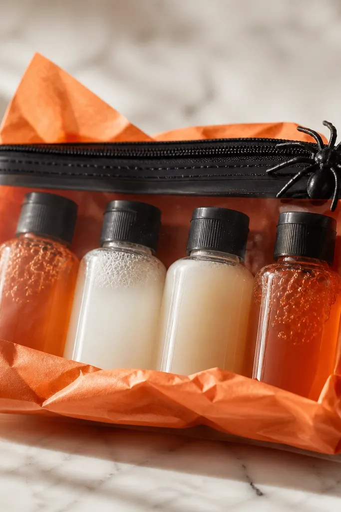 A small plastic travel pouch with a black zipper, containing mini bubble bath bottles, wrapped with orange tissue and a tiny plastic spider clipped to the zipper.