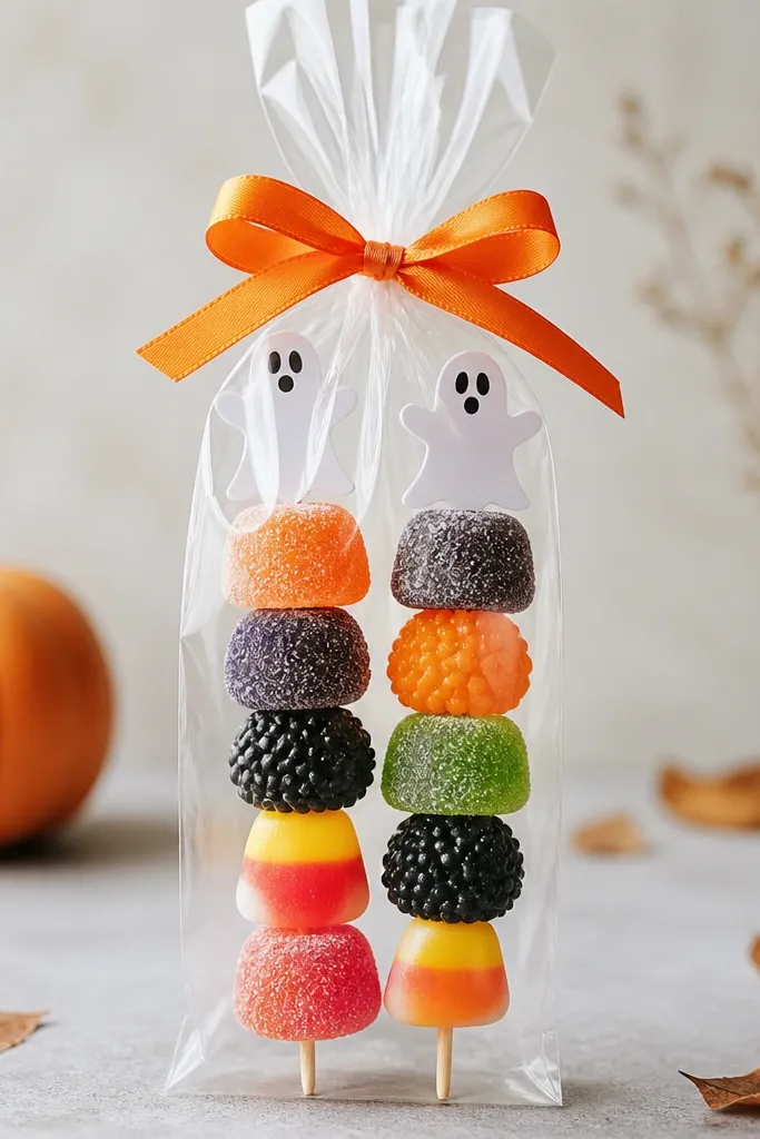 Two candy skewers inside a clear cellophane sleeve, with orange ribbon tied at the top and small ghost picks sticking up above the candy.