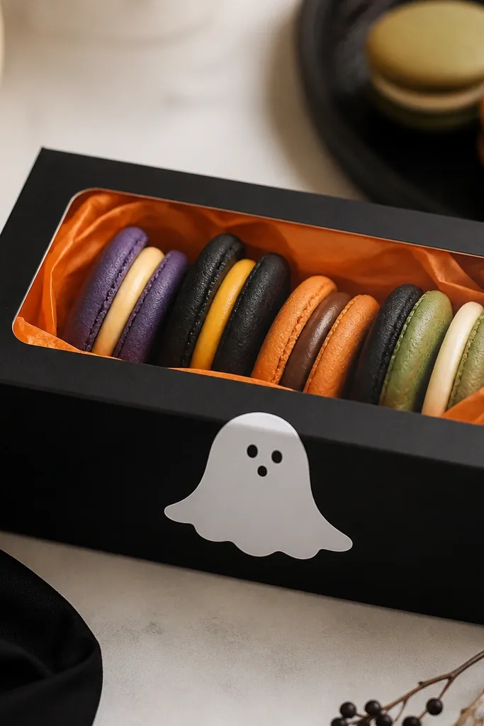 A small black gift box with a clear window top, filled with colorful sandwich cookies, with a white ghost sticker on the front and orange tissue paper inside.