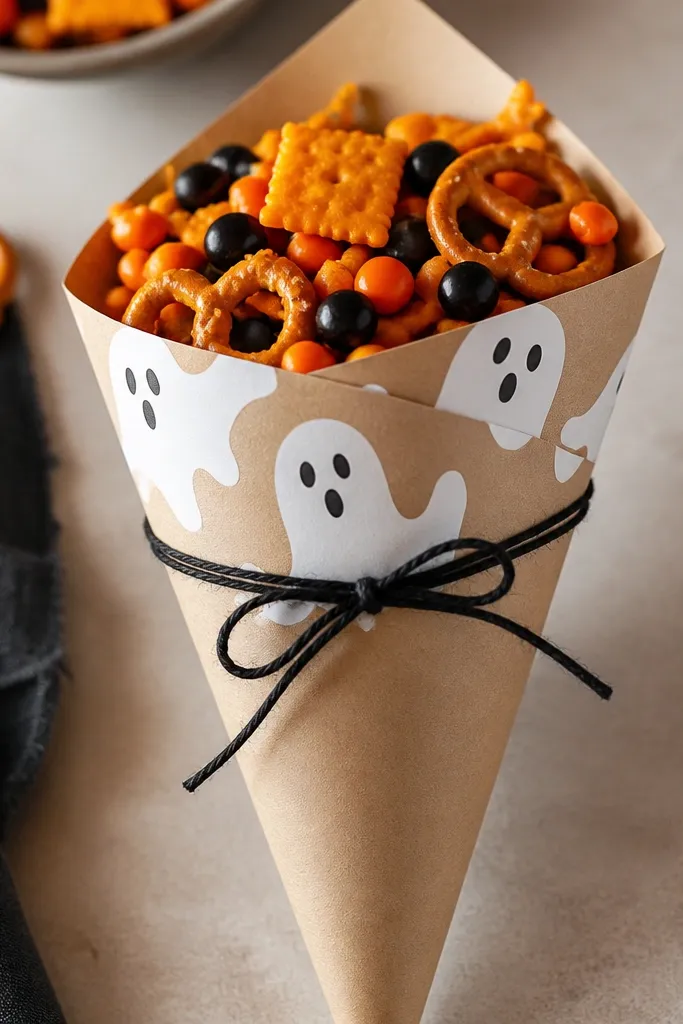 A kraft paper cone filled with orange-and-black snack mix, tied with black twine, with a printed ghost label wrapped around the top.