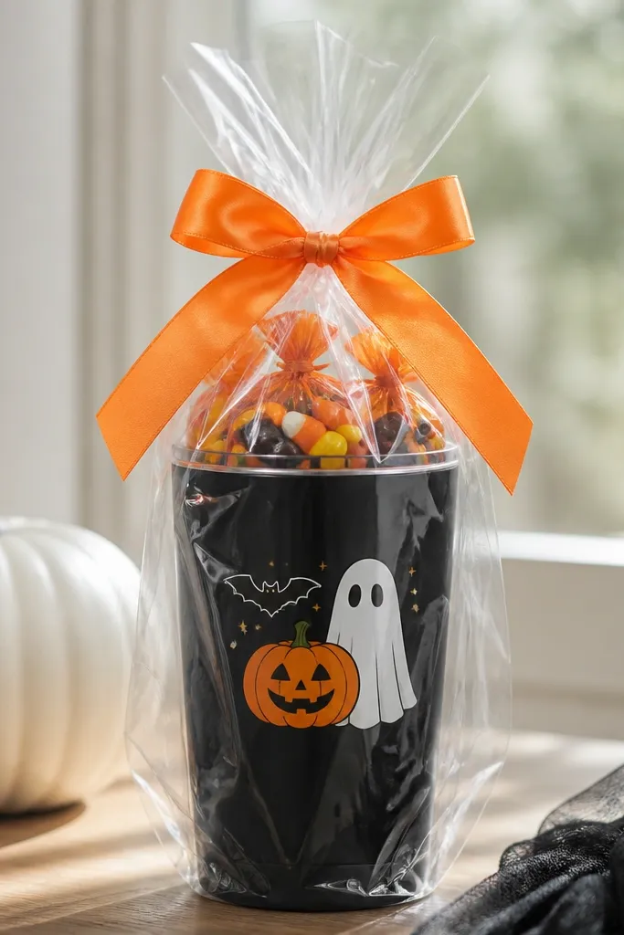 A reusable black tumbler with a Halloween sticker, wrapped with a clear cellophane wrap and tied with orange ribbon, with mini candy bags inside the tumbler.