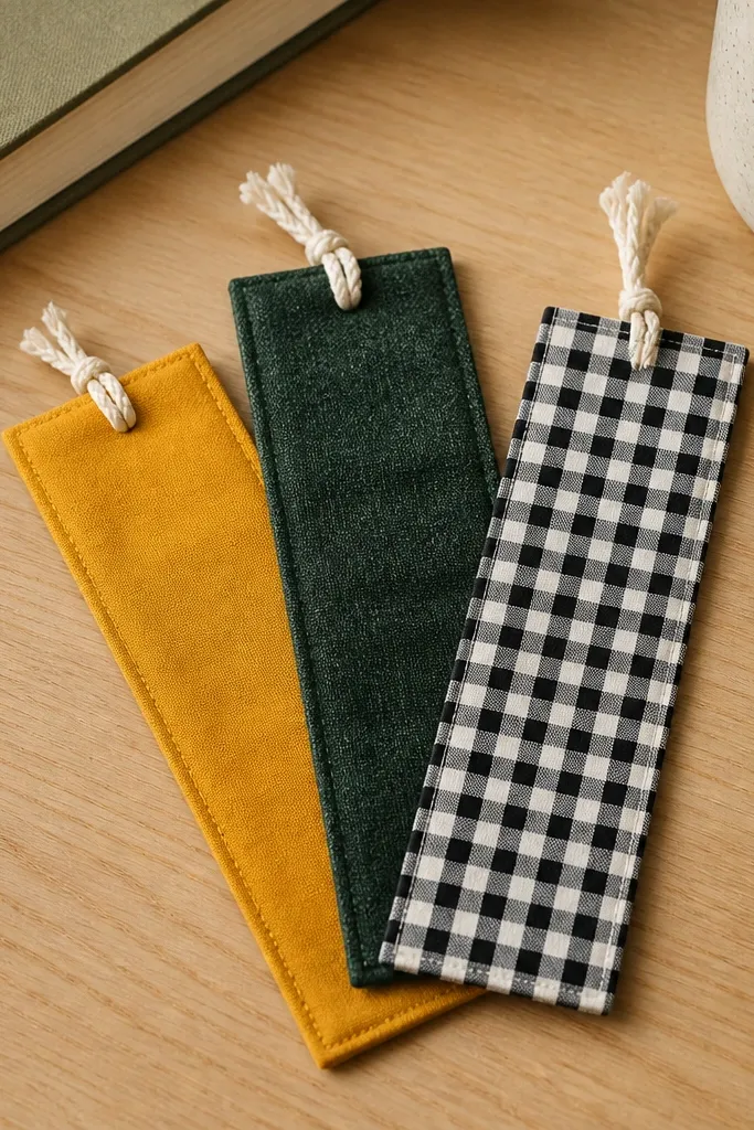 Three fabric bookmarks fanned out on a desk. Each has a different scrap fabric: mustard cotton, forest green flannel, and black-and-white gingham. The top corners are tied with small cotton cords, and the bottoms have clean, sealed edges.