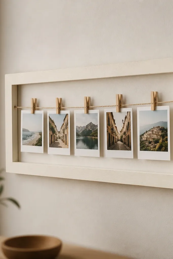 A small wooden clothespin frame on a wall. A string runs horizontally across the frame, holding 5 mini photos with tiny clothespins. The frame has been painted matte cream, and the clothespins are left natural wood.
